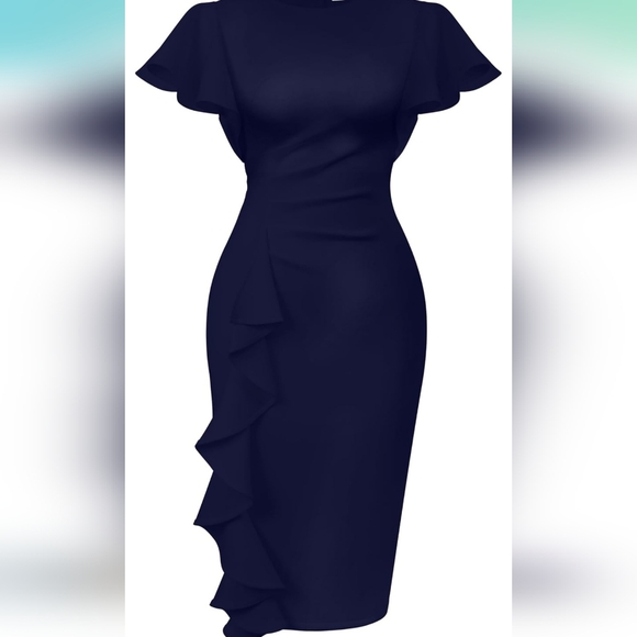 memoriesea Dresses & Skirts - Elegant Navy Ruffle Dress NWOT